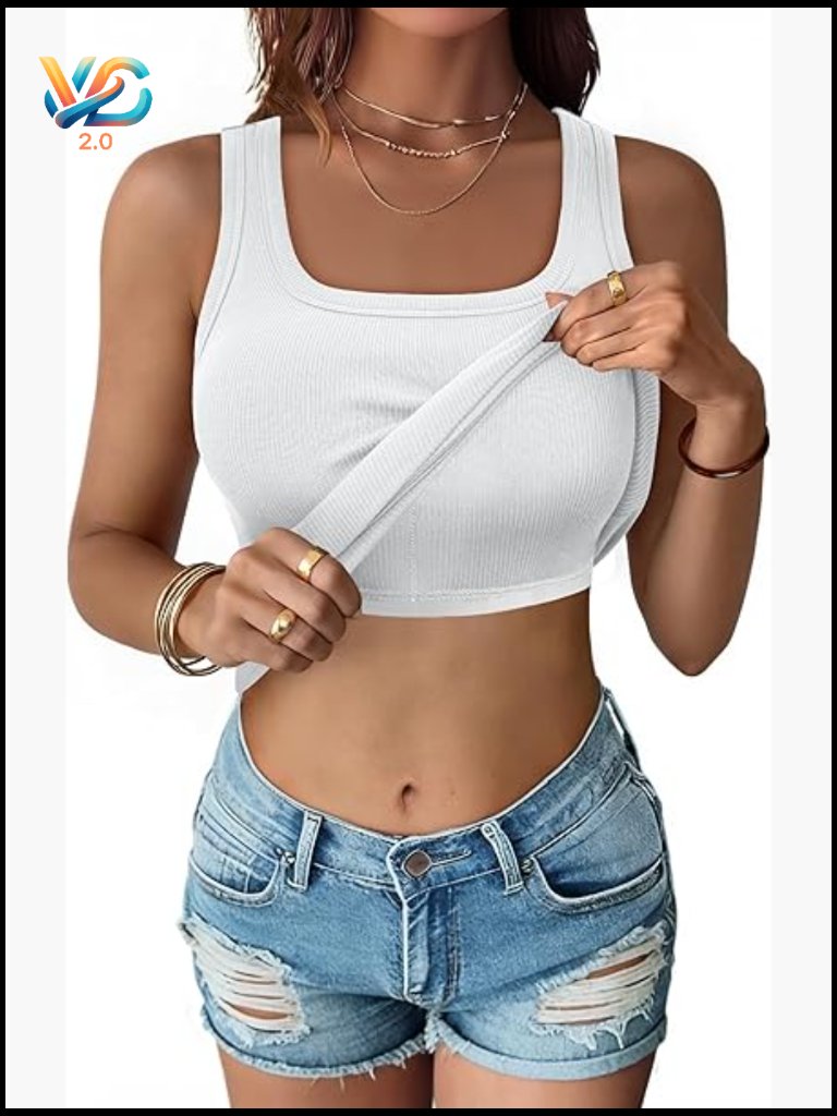Women's Ribbed Tank Top With Built In Bra Scoop Neck Sleeveless Slim Fit Casual